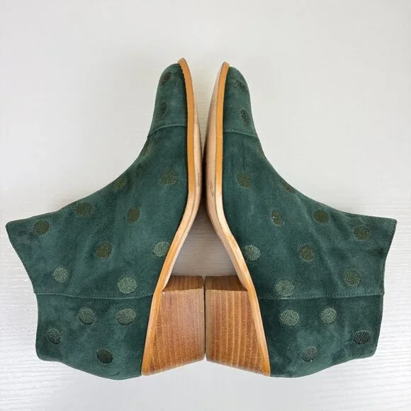 Anthropologie Polka Dot Hunter Green Suede Ankle Boots - Picture 6 of 11